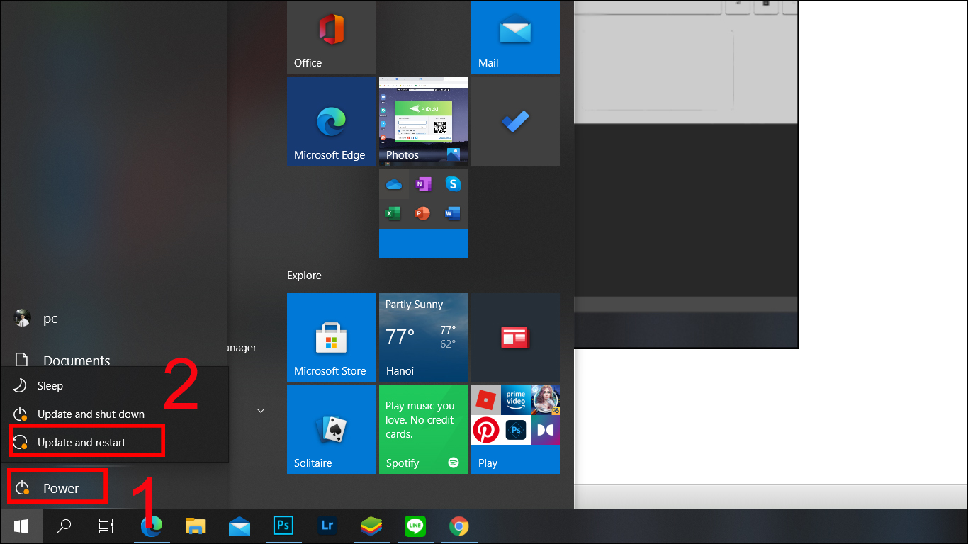 Nhấn v&agrave;o biểu tượng Nguồn > Chọn mục Restart.